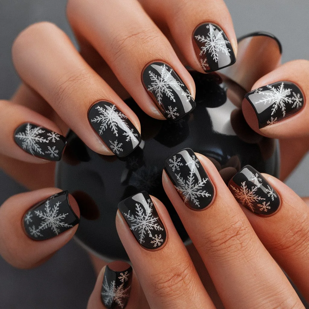 Black and White Snowflake Nails