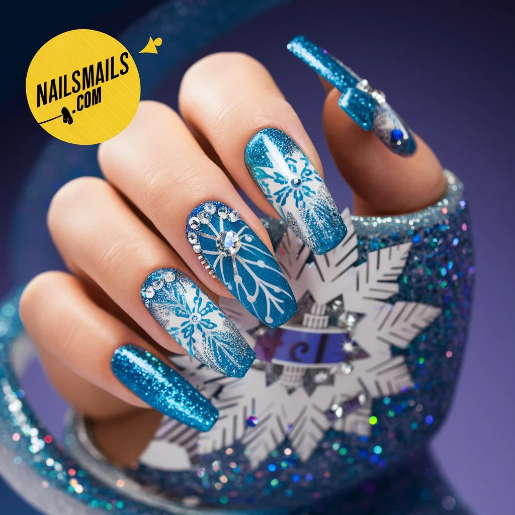 Blue Snowflake Nails