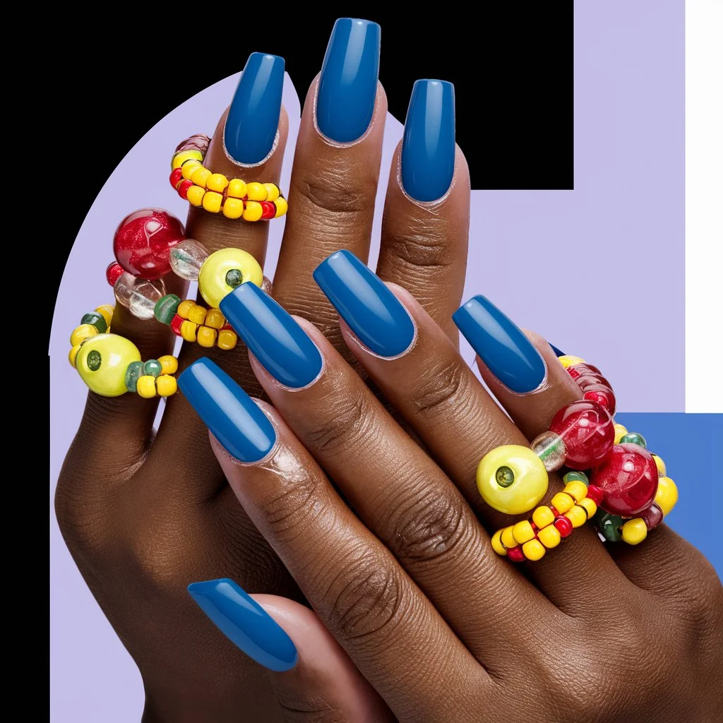 Bold Blue with Colorful Beads nails