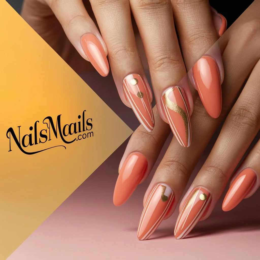 Coral and Gold Accent Nails