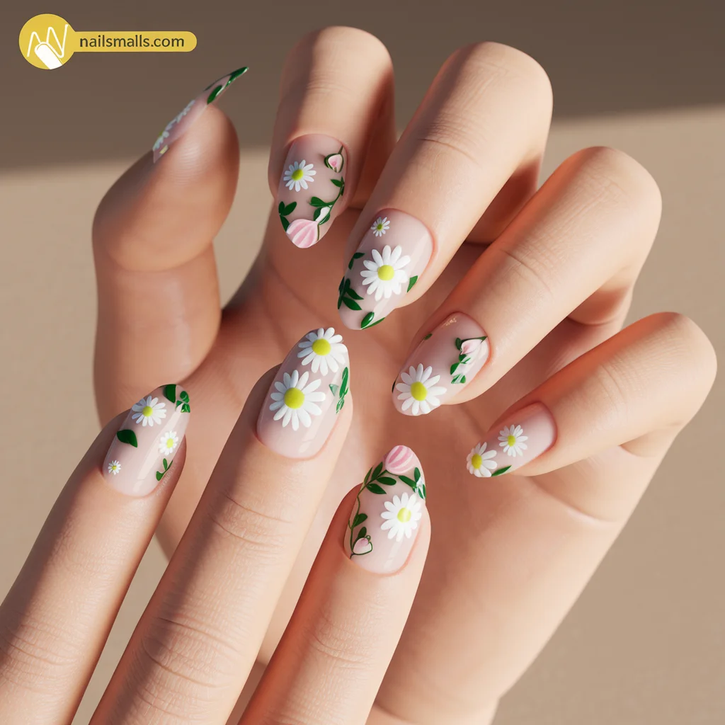 Floral Almond Nail Art