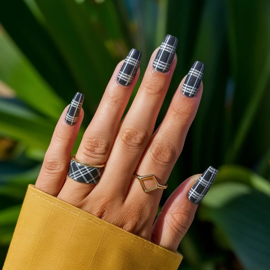 Green and Black Plaid Nails