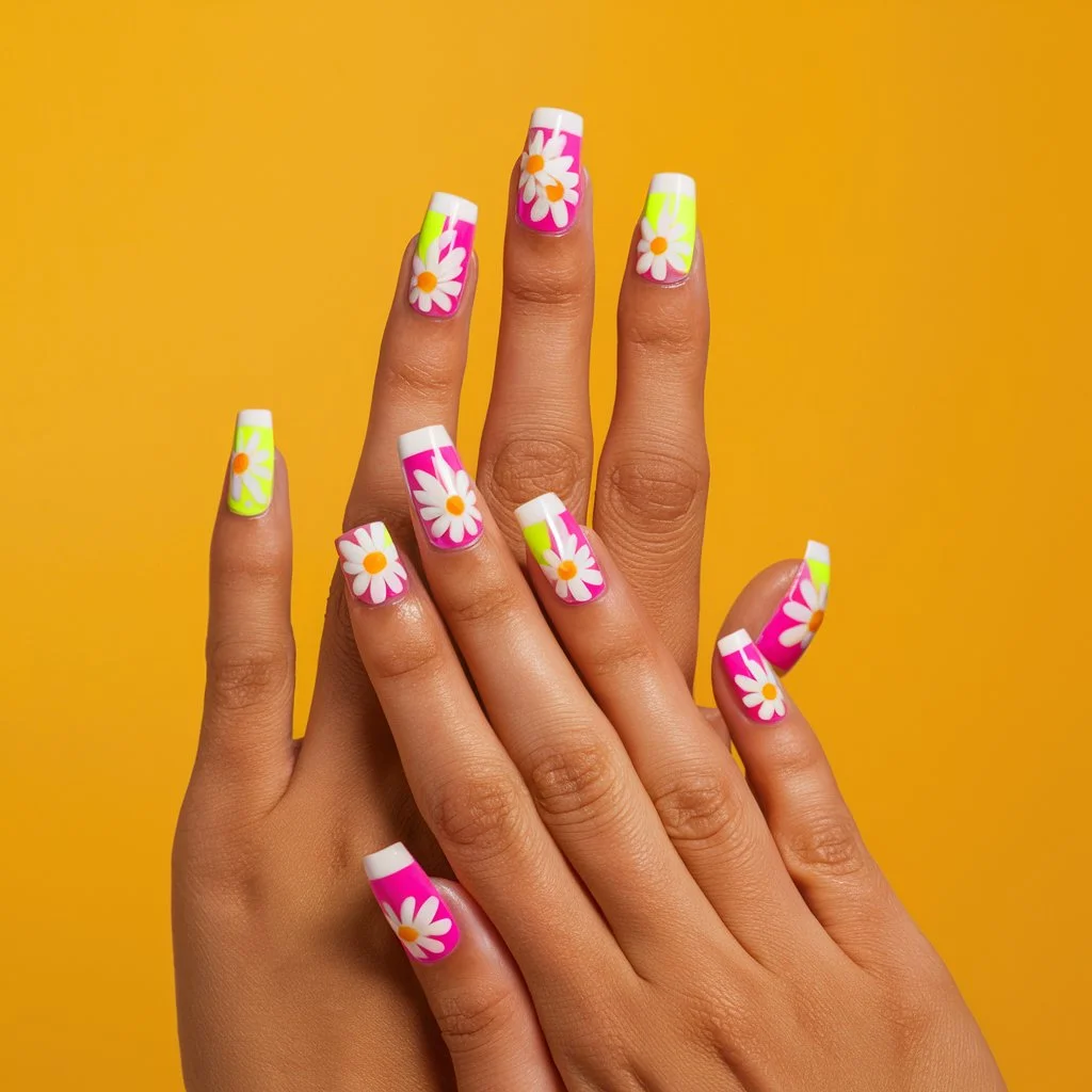 Neon Daisy Nails