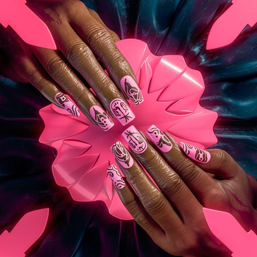 Neon Pink with Tribal Art nails