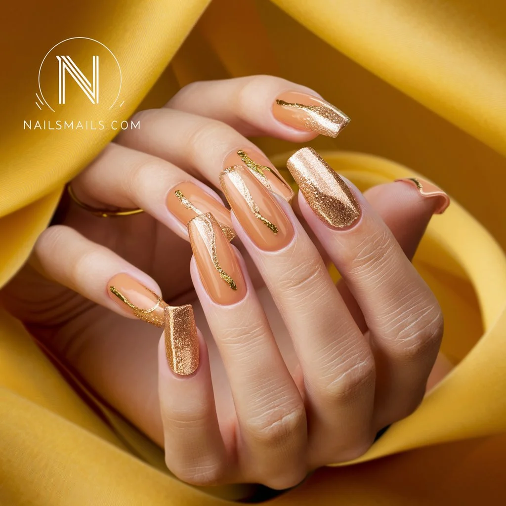 Peach and Gold Accent Nails