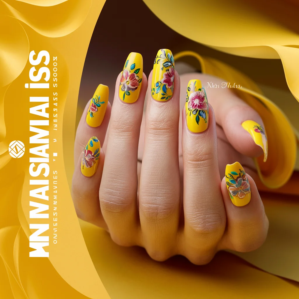 Yellow with Floral Nail Art